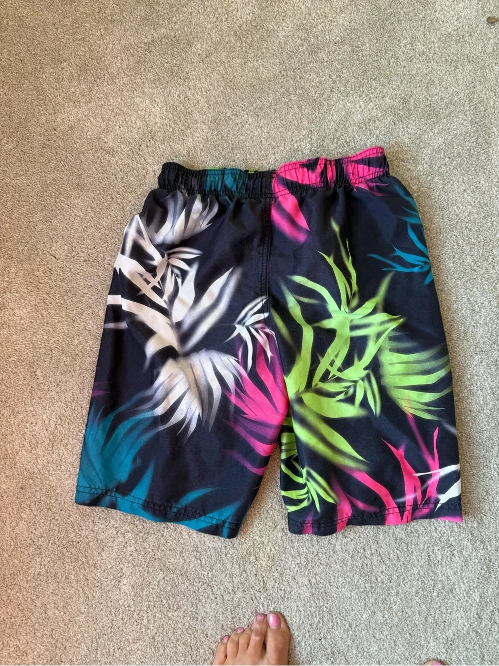Neon Tropical Swim Shorts with Pink & Teal Leaf Print